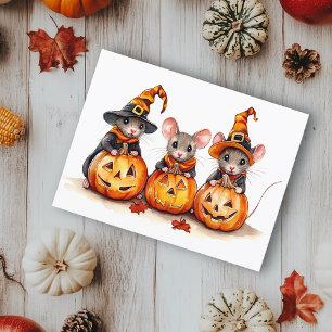 Cute kleine waterverf muizen Halloween pompoenen Briefkaart