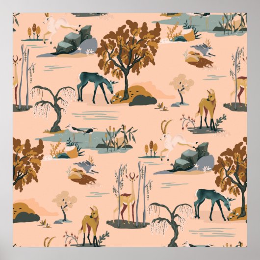 Cute & Kleurrijk Dieren & Eenhoorns Patroon Poster (Voorkant)