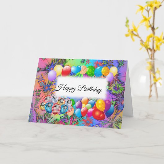 Cute, kleurrijke ballonnen, Fireworks, Happy Birth Kaart (Gele Bloem)