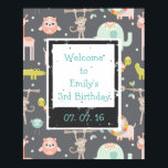 Cute Kleurrijke Wilde Dieren Verjaardags Verwelkom Poster<br><div class="desc">Een leuke en aanbiddelijke verjaardagsfeest verwelkomingsposter. Het ontwerp is een patroon dat bestaat uit een verzameling van cute wilde dieren in een kinderkamer kunststijl - waaronder alligators,  aap,  vogels,  schildpadden,  giraffen,  olifanten en leeuwen,  allemaal getekend in pastelkleuren. Geplaatst op een bruine achtergrond.</div>