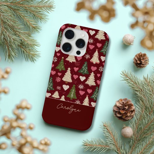 Cute Knitted Christmas Tree and Hearts Pattern iPhone Hoesje