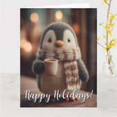 Cute Knitted Penguin Doll in Scarf Holding Mug Kaart (Gele Bloem)