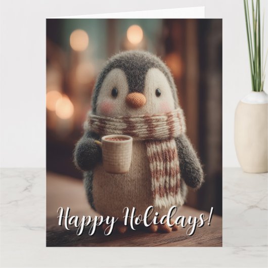 Cute Knitted Penguin Doll in Scarf Holding Mug Kaart (Voorkant)