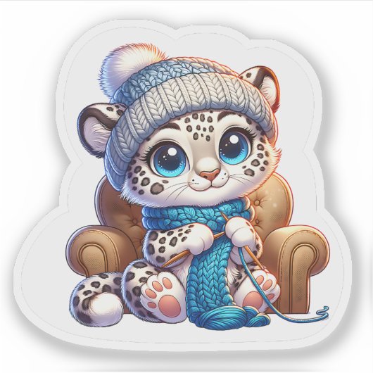 Cute Knitting Anime Kawaii Snow Leopard Stickers (Voorkant)