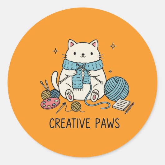 Cute Knitting Cat Yarn Orange Stationery Design  Ronde Sticker (Voorkant)
