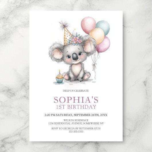 Cute Koala 1st Birthday Party Kaart