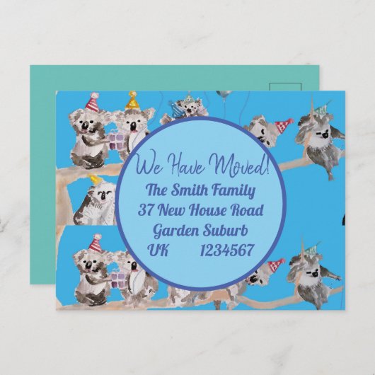 Cute Koala Art New Address Briefkaart we move (Voorkant / Achterkant)