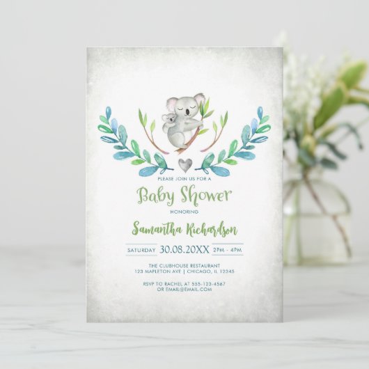 Cute Koala Baby Shower Invitation Kaart (Staand voorkant)