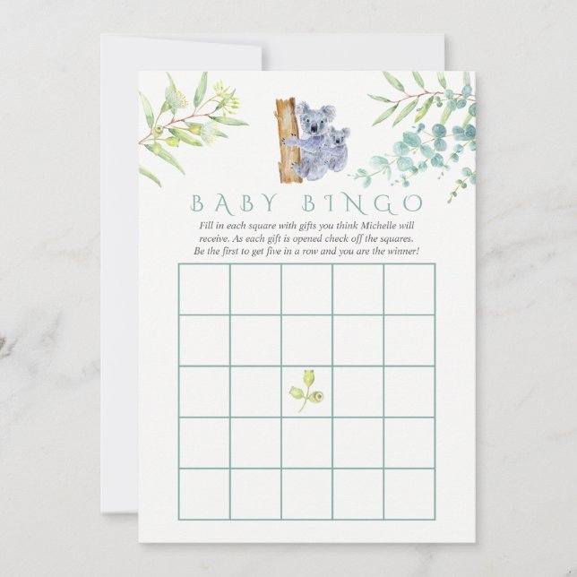 Cute Koala Beer Eucalyptus Leaves Baby Bingo (Voorkant)