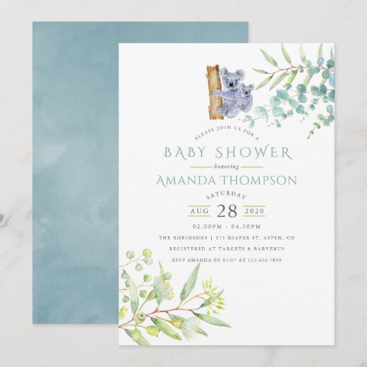 Cute Koala Beer Eucalyptus Leaves Baby shower Kaart (Voorkant / Achterkant)