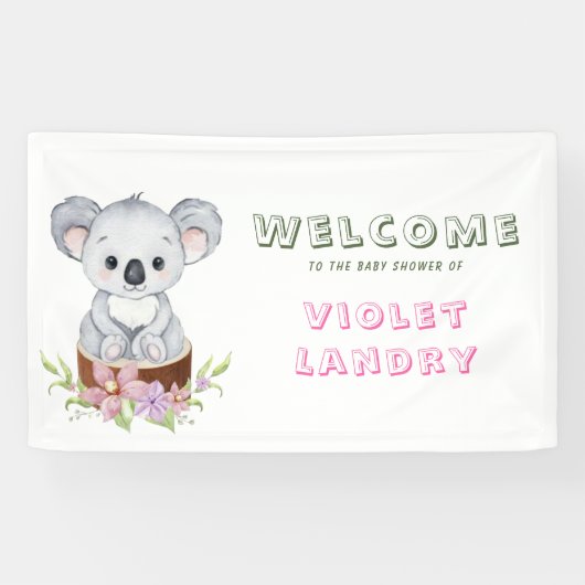 Cute Koala Beer Girl Baby shower Welkom Spandoek (Horizontaal)