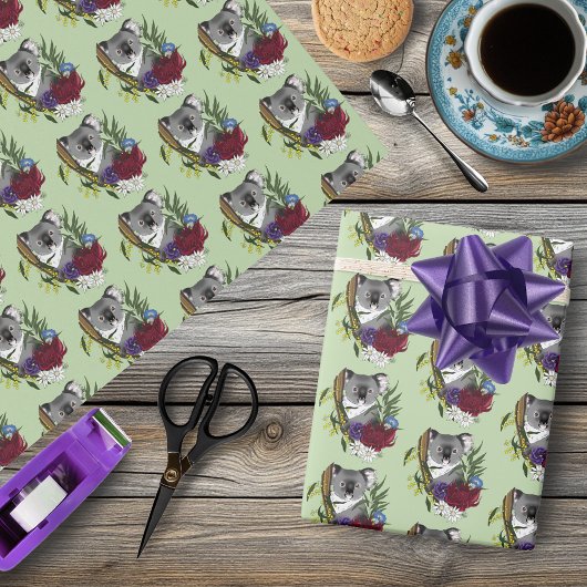 Cute Koala Beer Groene Australische Wilde Bloemen  Cadeaupapier