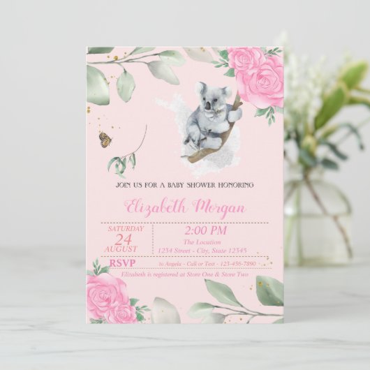 Cute Koala Beer, Leaves, Floral Baby shower Kaart (Staand voorkant)