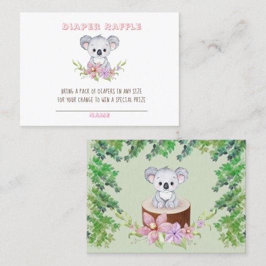 Cute Koala Beer Meisje Luier Raffle Baby Shower Visitekaartje (Voorkant / Achterkant)