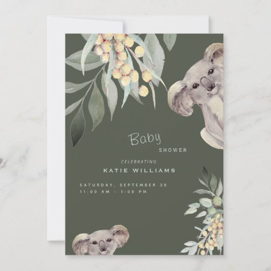 Cute Koala Beer Olive Baby shower Uitnodiging (Voorkant)