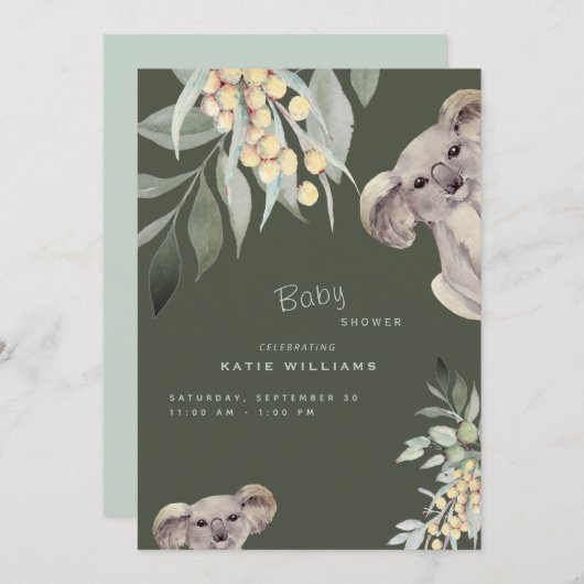 Cute Koala Beer Olive Baby shower Uitnodiging (Voorkant / Achterkant)
