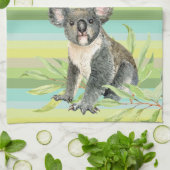 Cute Koala beer on green striped bg custom name Theedoek (Gevouwen)