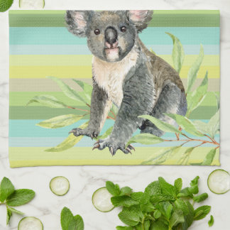 Cute Koala beer on green striped bg custom name Theedoek