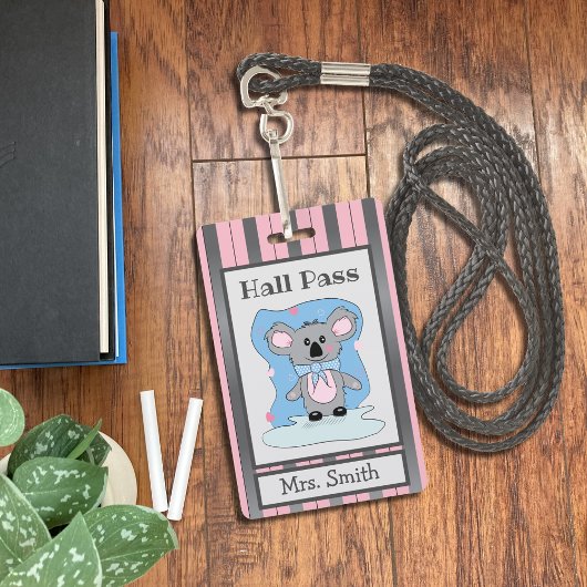 Cute Koala Beer Pink and Grey Hall Pass Badge