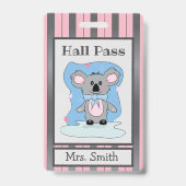 Cute Koala Beer Pink and Grey Hall Pass Badge (Voorzijde)