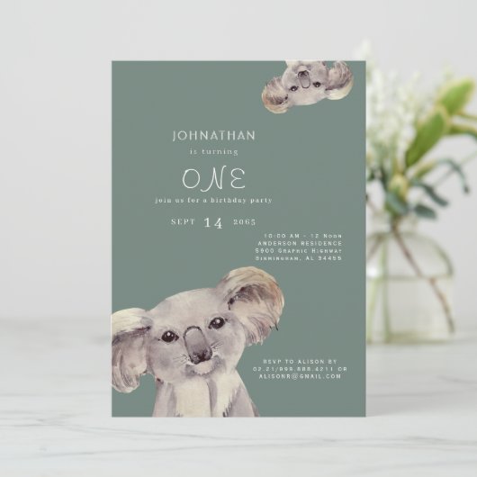 Cute Koala Beer Sage Birthday Party Invitation Kaart (Staand voorkant)