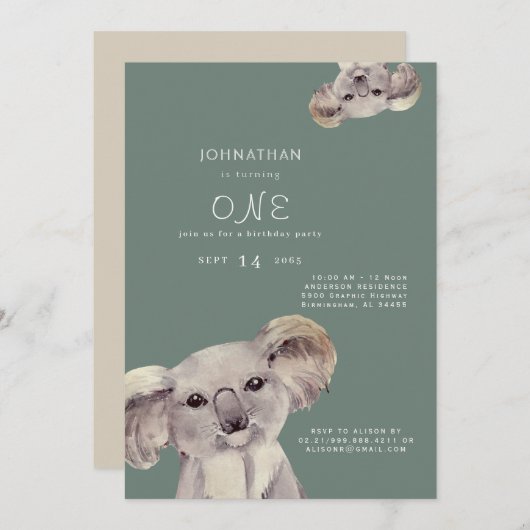 Cute Koala Beer Sage Birthday Party Invitation Kaart (Voorkant / Achterkant)