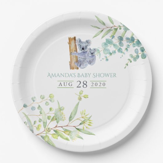 Cute Koala Beren Eucalyptus Leaves Baby shower Papieren Bordje (Voorkant)