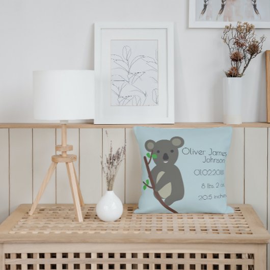 Cute Koala Blue Baby Boy Birth Stats Kussen