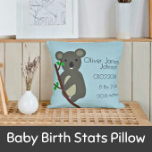 Cute Koala Blue Baby Boy Birth Stats Kussen