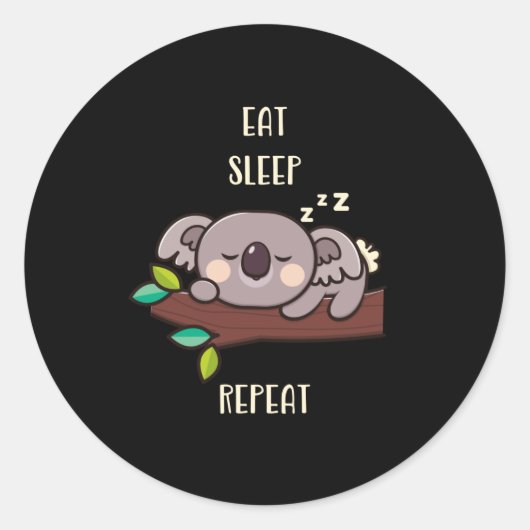 Cute Koala Eat Sleep Herhaal Funny Animals Ronde Sticker (Voorkant)