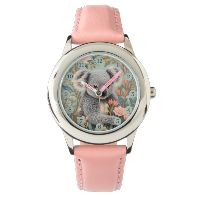 Cute Koala Elegant Pastel Floral Horloge (Voorkant)