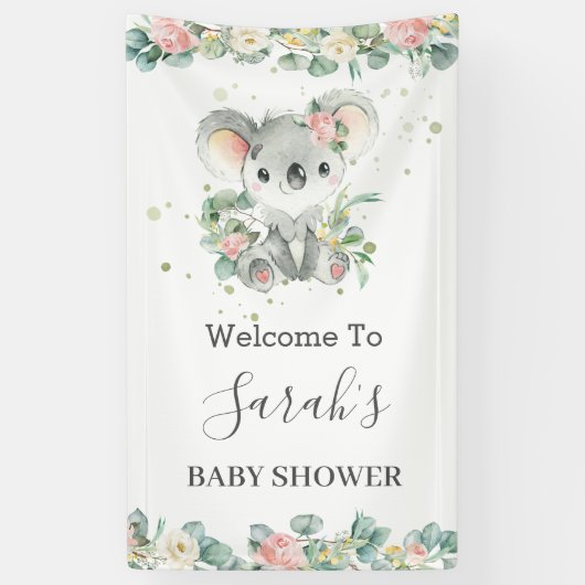 Cute Koala Eucalyptus Floral Welcome Backdrop Bann Spandoek (Verticaal)