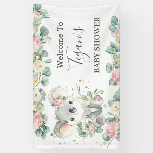 Cute Koala Eucalyptus Floral Welcome Backdrop Spandoek (Verticaal)