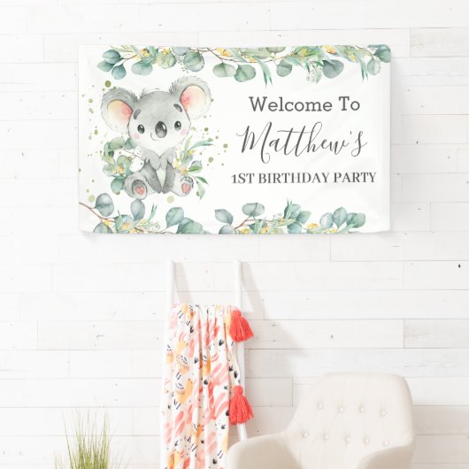 Cute Koala Eucalyptus Greenery Welkomstachtergrond Spandoek (Insitu)