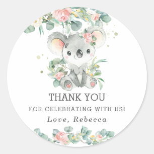 Cute Koala Eucalyptus Pink Floral Hartelijk dank Ronde Sticker
