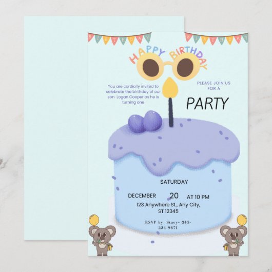 Cute Koala First Birthday Invitation - Customizabl Kaart (Voorkant / Achterkant)