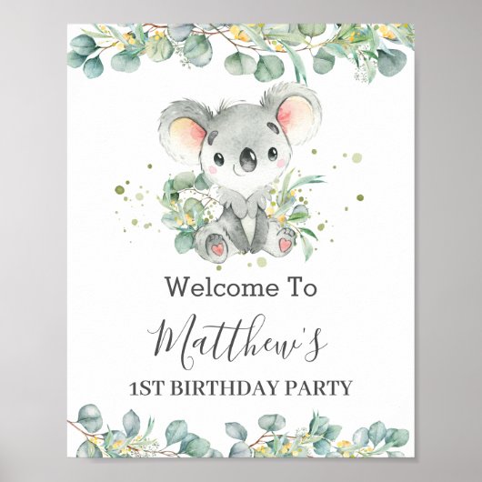 Cute Koala Greenery Baby shower Birthday Welkom Poster (Voorkant)