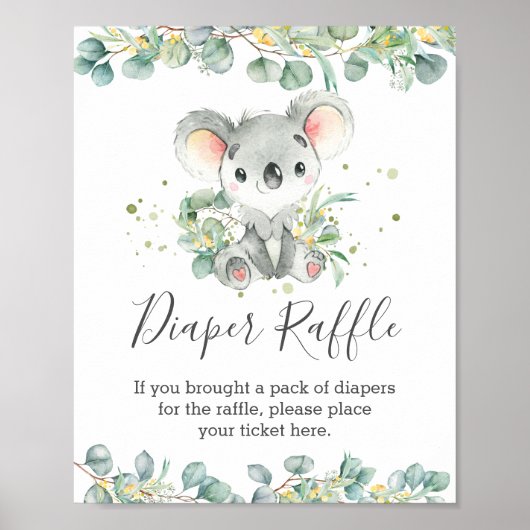 Cute Koala Greenery Baby shower Diaper Raffle Sign Poster (Voorkant)