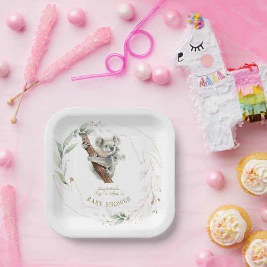 Cute Koala Groene Gold Meisje Baby Shower  Papieren Bordje (Feest)