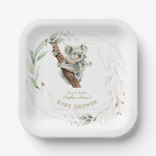Cute Koala Groene Gold Meisje Baby Shower  Papieren Bordje (Voorkant)