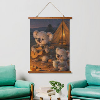 Cute Koala Kampvuur Gitaren Nacht Familie Kamperen Hangend Wandkleed