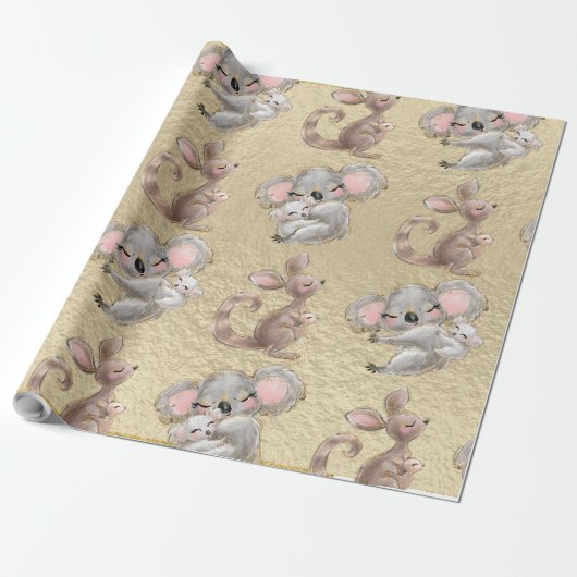 Cute Koala, Kangaroo, Gold Foil Wrapping Paper Cadeaupapier (Uitgerold)