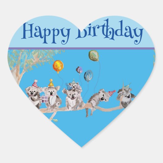 Cute Koala Koalas Blue Childs Happy Birthday Hart Sticker (Voorkant)