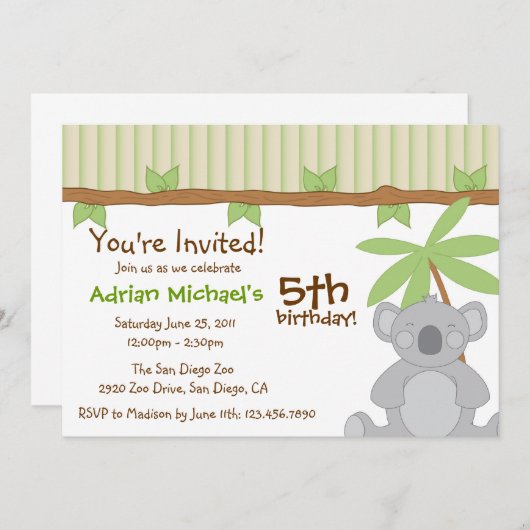 Cute Koala Party Invite Kaart (Voorkant / Achterkant)