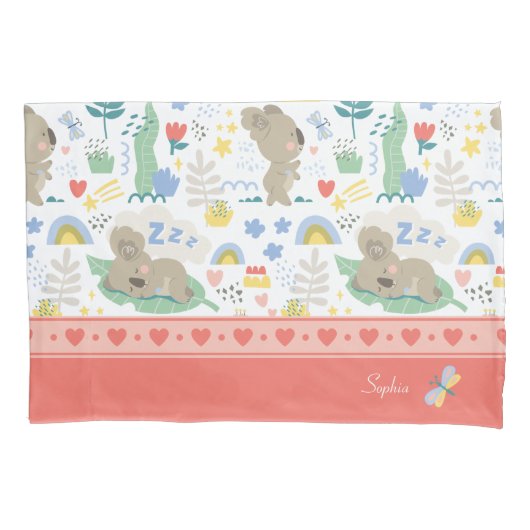 Cute Koala Pattern met Little Girl Name op Pink Kussensloop (Voorkant)