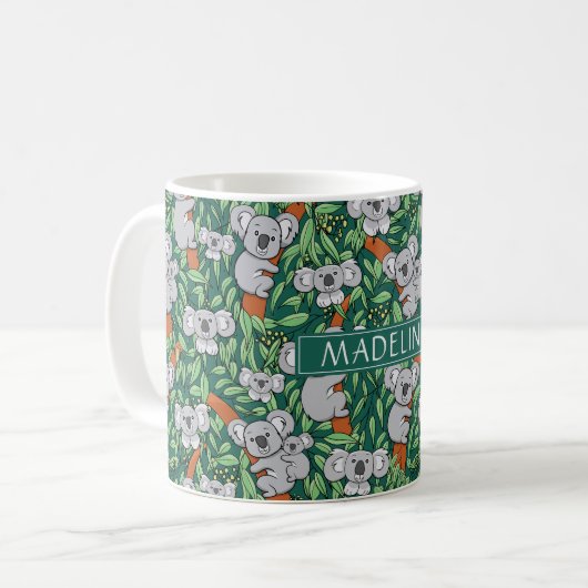 Cute Koala Pattern personaliseert Hunter Green Koffiemok (Voorkant links)