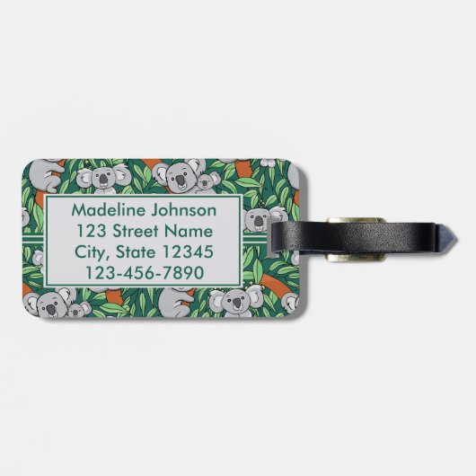 Cute Koala Pattern Personalized Dark Green Bagagelabel (Achterkant horizontaal)