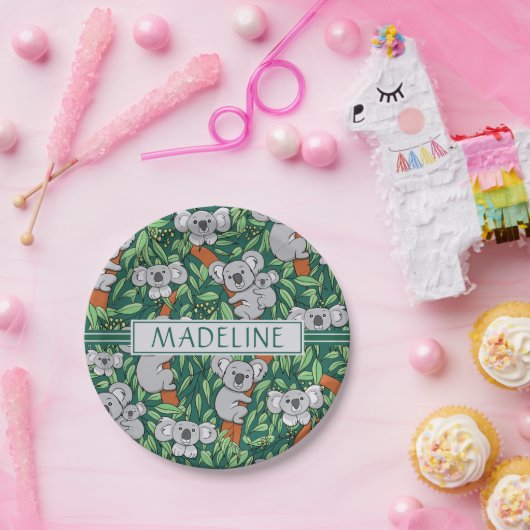 Cute Koala Pattern Personalized Hunter Green Papieren Bordje (Feest)