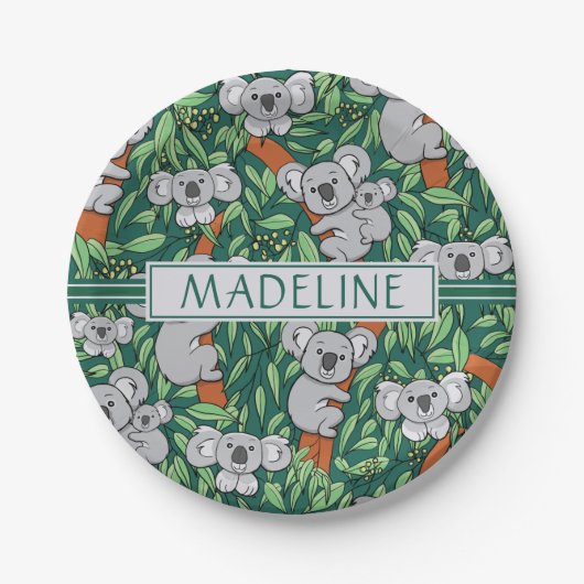 Cute Koala Pattern Personalized Hunter Green Papieren Bordje (Voorkant)