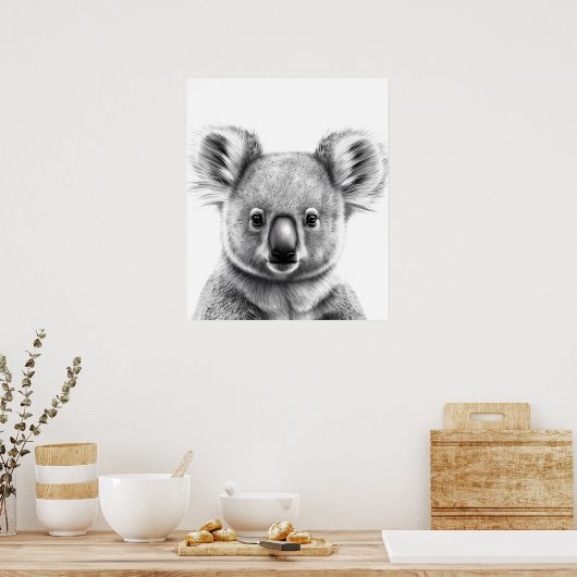 Cute Koala Portrait Black white Poster (Keuken)